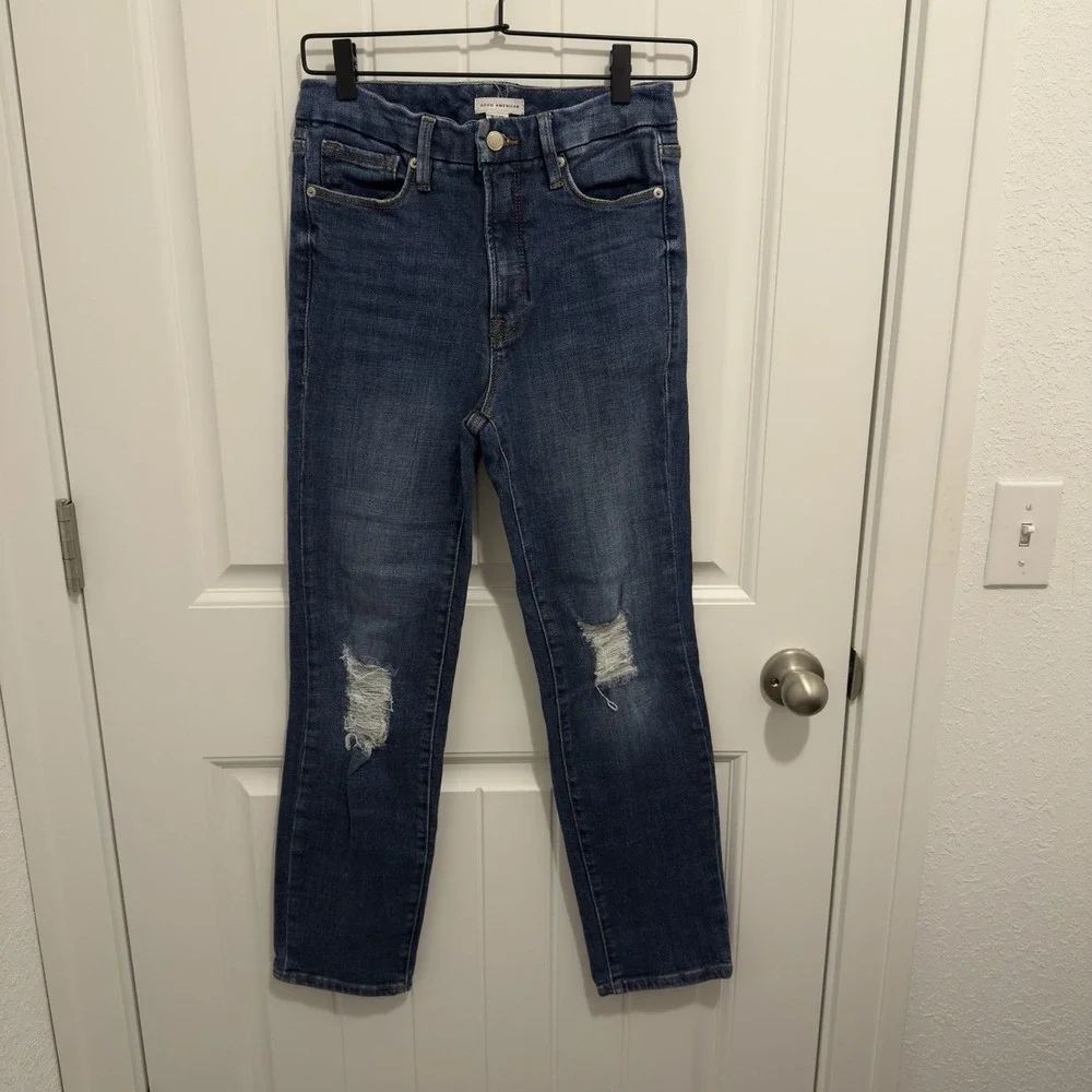Good American Women's Jean Medium Wash Distressed Straight Leg Jeans Size‎ 6/28